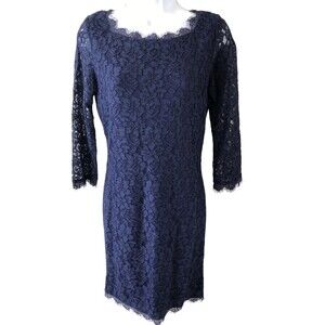 Diane Von Furstenberg Zarita Dress Mini Navy Blue Lace 3/4 Sleeve Dress Women 6